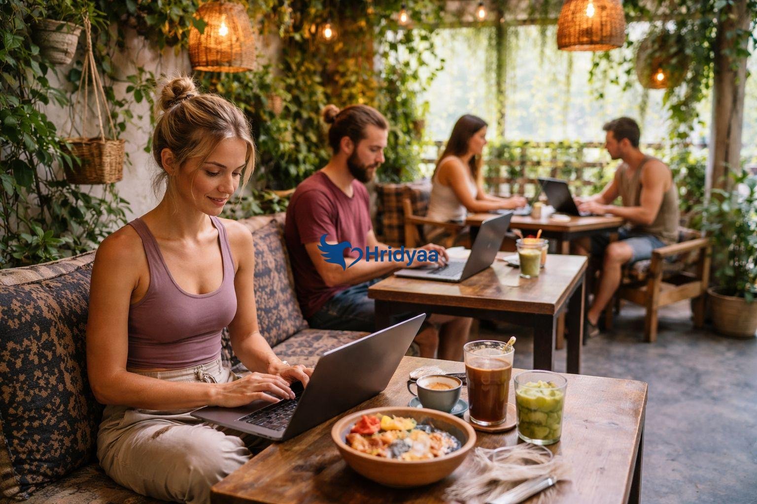 people relaxing in healthy cafe rishikesh yoga lifestyle