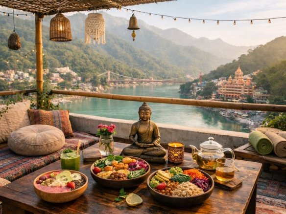 healthy food cafes in rishikesh with ganga view and mountains