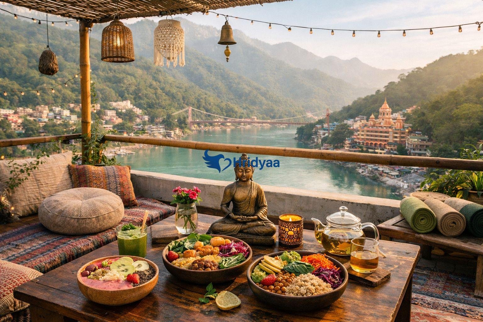 healthy food cafes in rishikesh with ganga view and mountains