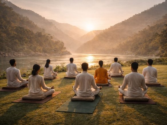 Meditation camp in Rishikesh with participants practicing meditation overlooking the Ganga river