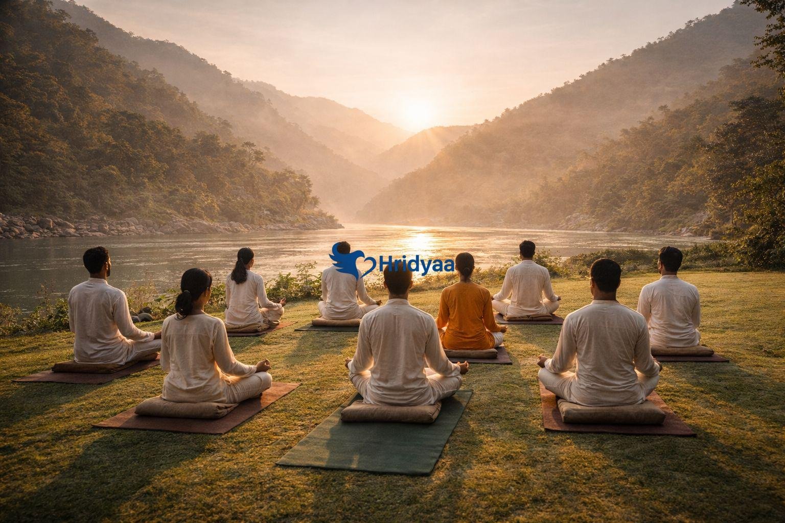 Meditation camp in Rishikesh with participants practicing meditation overlooking the Ganga river