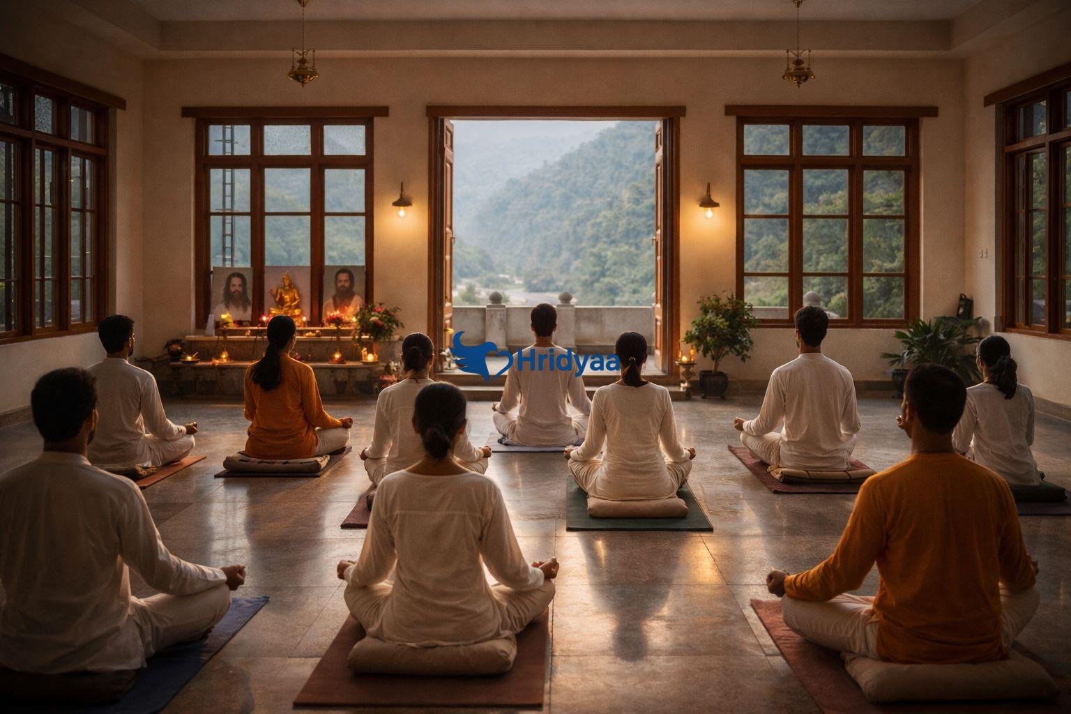 Meditation session inside a traditional yoga ashram in Rishikesh