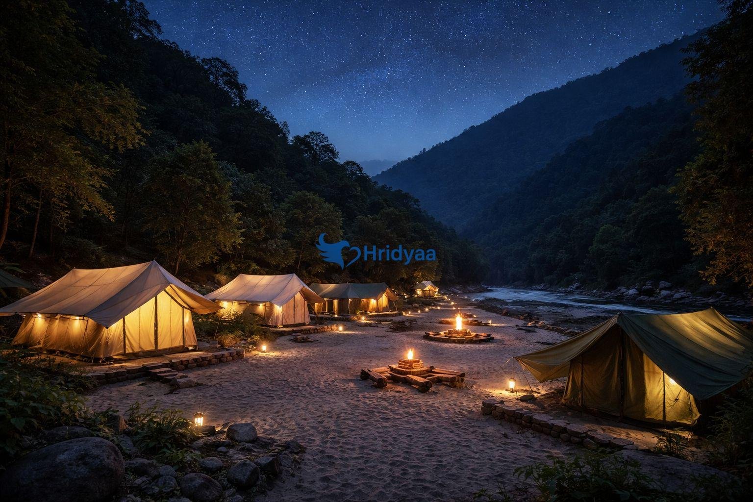 Quiet riverside campsite in Rishikesh at night with dim lights and tents