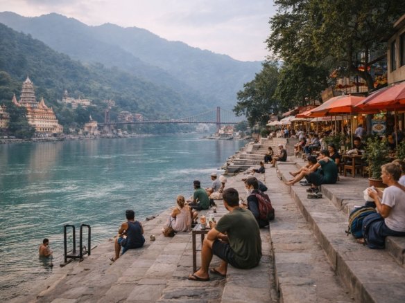 cafes near ram jhula with ganga river and ghats view rishikesh