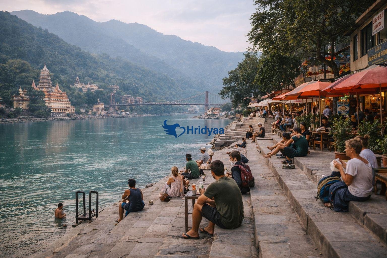 cafes near ram jhula with ganga river and ghats view rishikesh