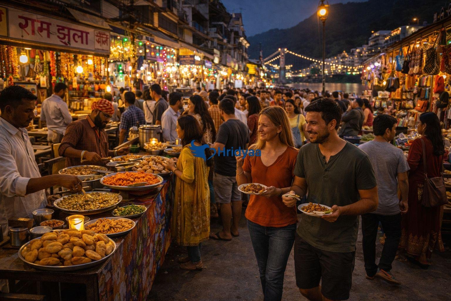 evening street market near ram jhula rishikesh with food stalls