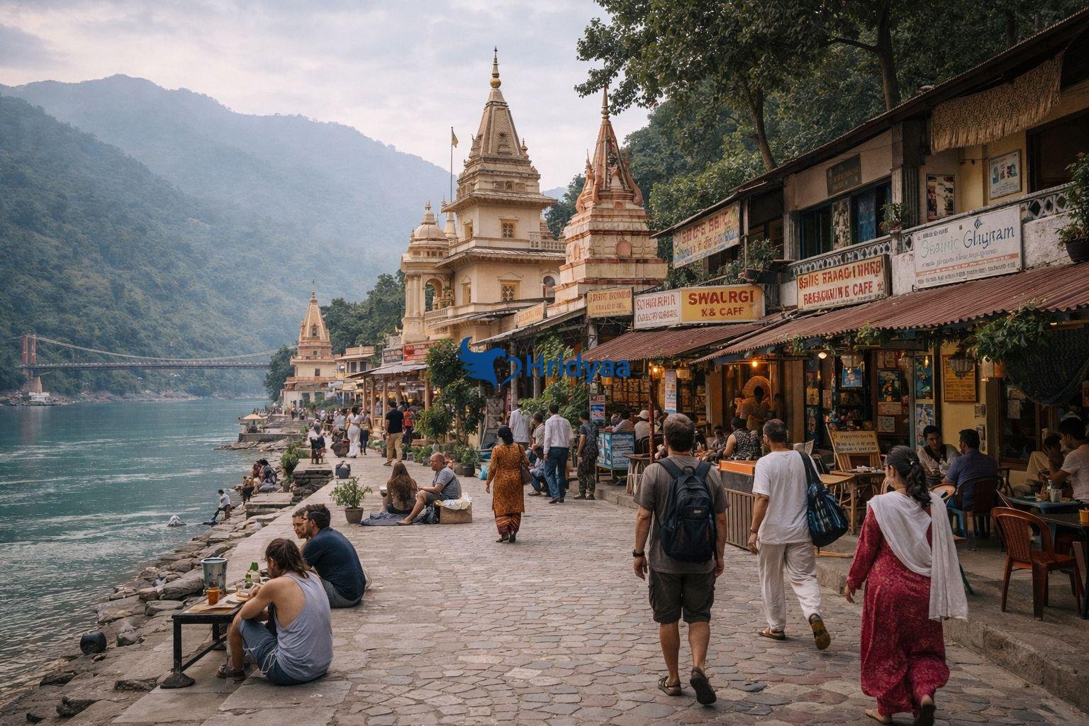 The Swarg Ashram area near Ram Jhula is known for peaceful cafes and spiritual surroundings.