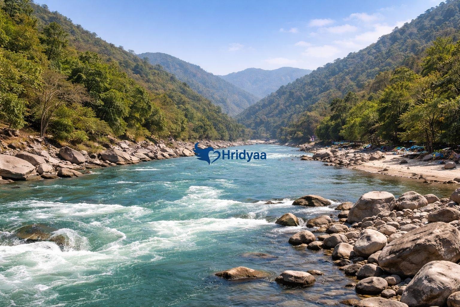 ganga river valley in rishikesh during april rafting season
