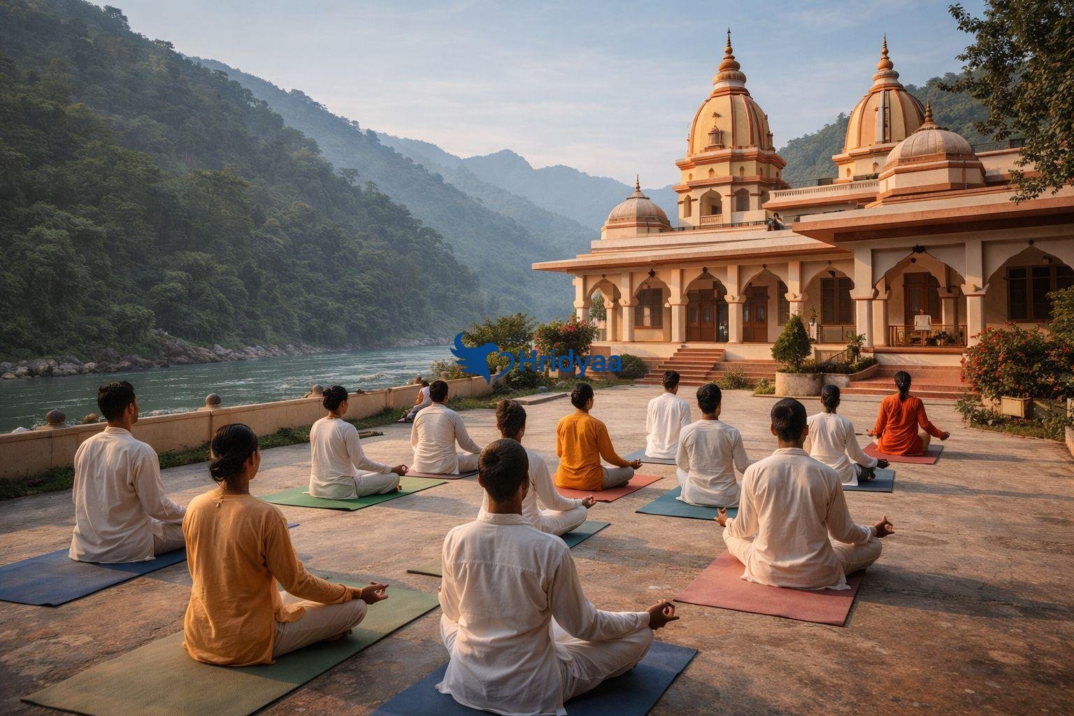 Yoga ashram in Rishikesh beside the Ganga river where visitors practice yoga and meditation