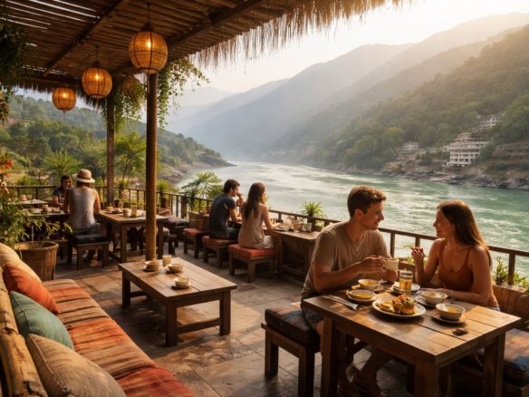 riverside cafes in rishikesh overlooking the ganga river with himalayan hills
