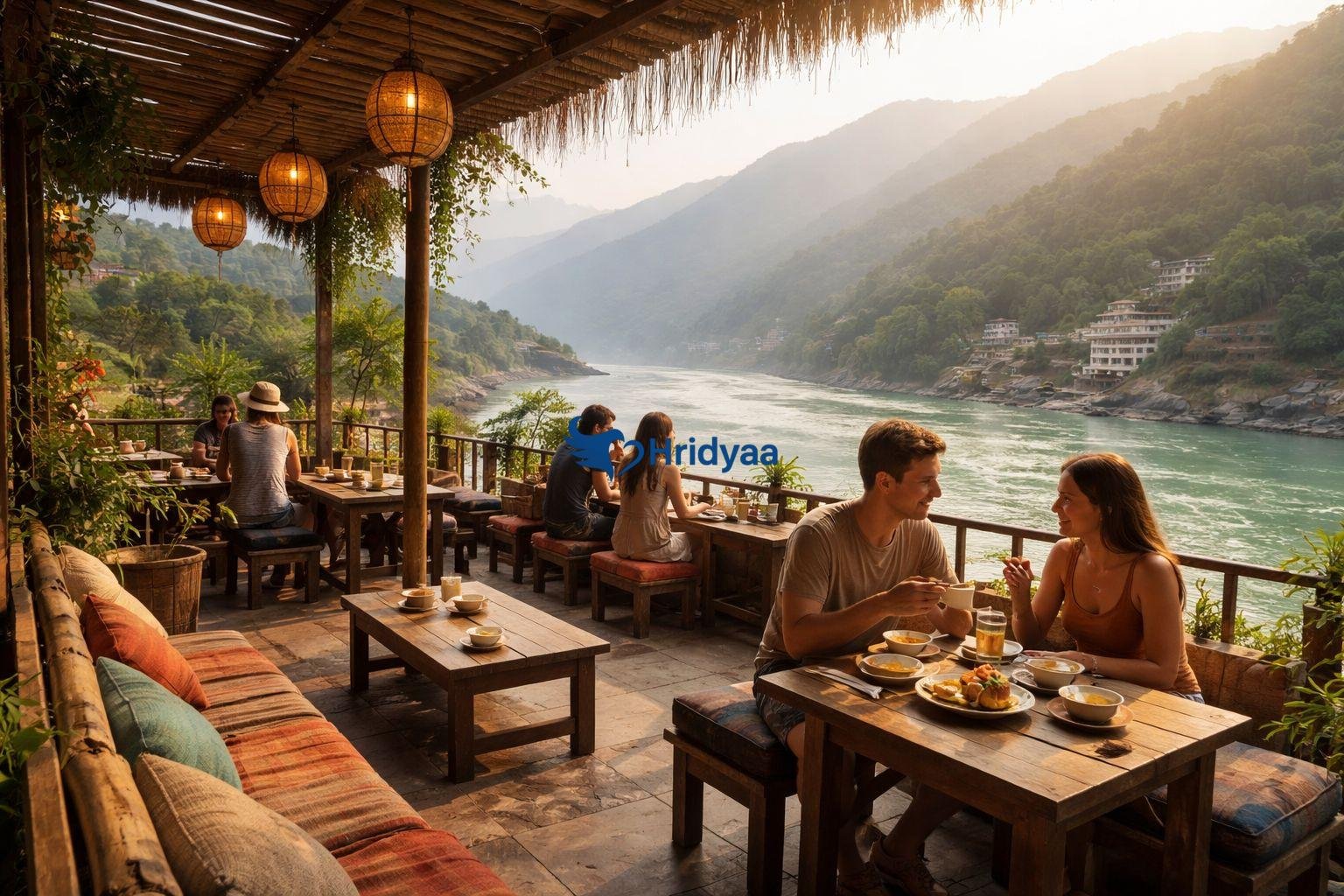 riverside cafes in rishikesh overlooking the ganga river with himalayan hills