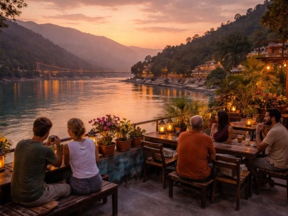 rooftop cafe in rishikesh with ganga river view at sunset