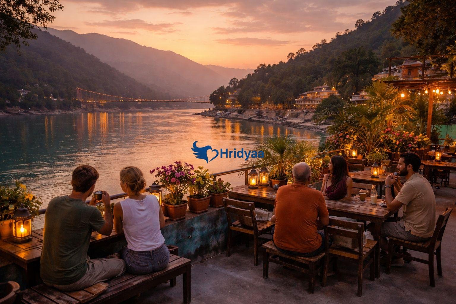 rooftop cafe in rishikesh with ganga river view at sunset
