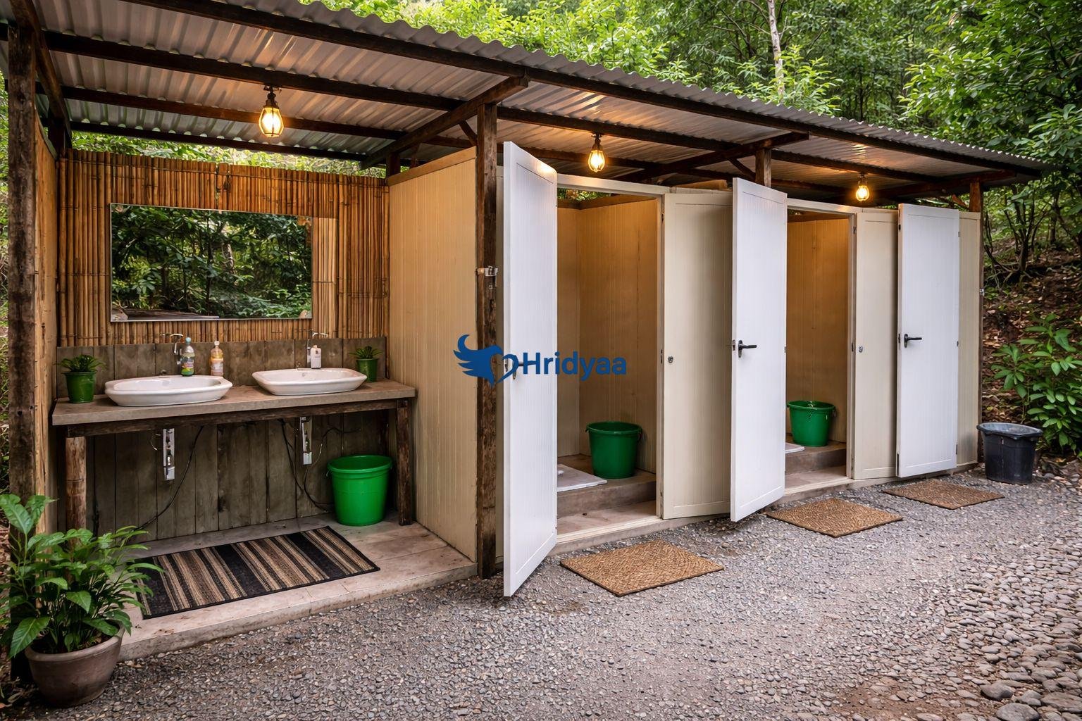 Shared washroom facility at budget camp in Rishikesh