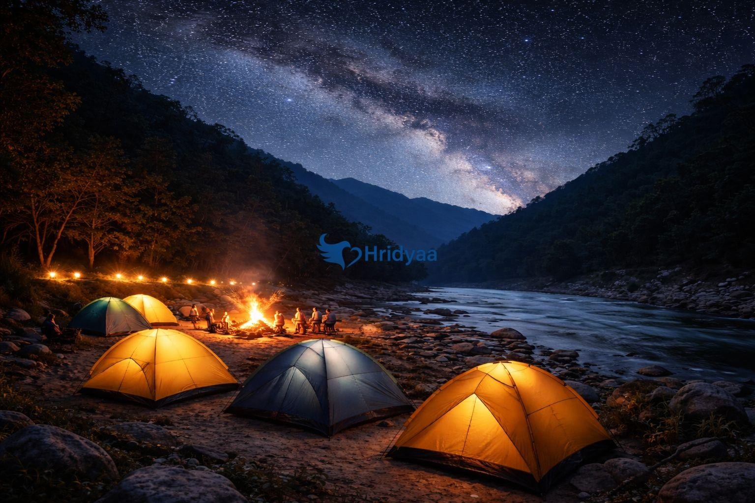 Night campsite in Rishikesh near Ganga river with tents and mountains