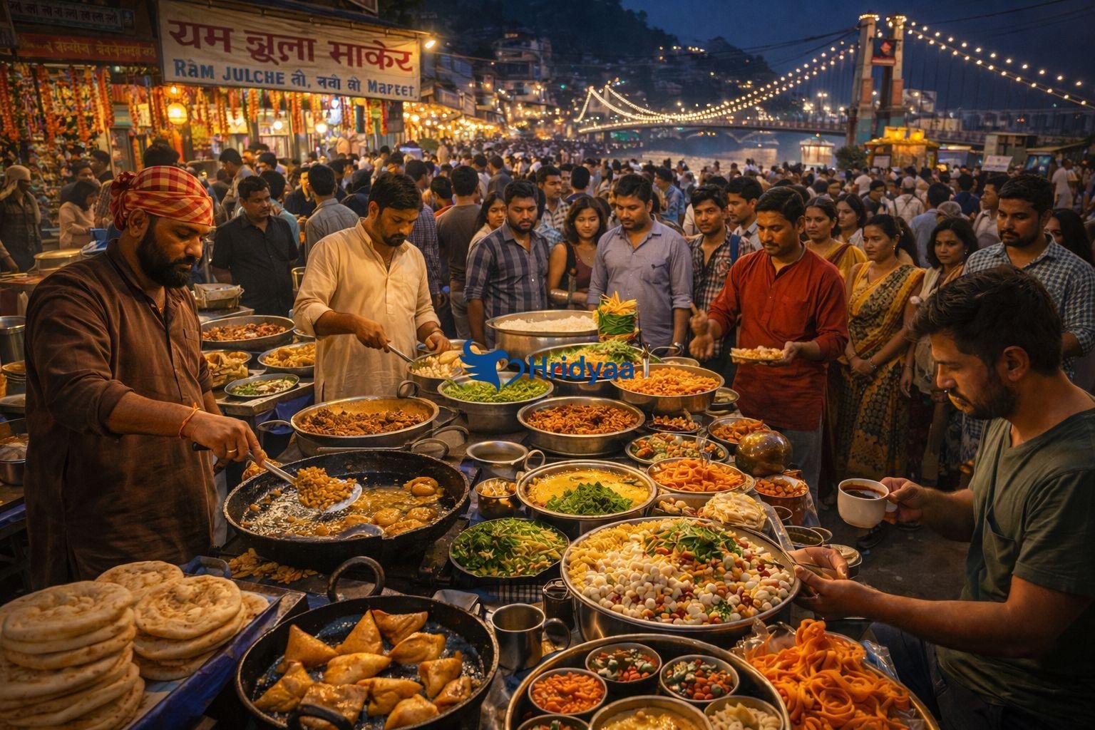 street food stalls in rishikesh main market selling samosa and chaat