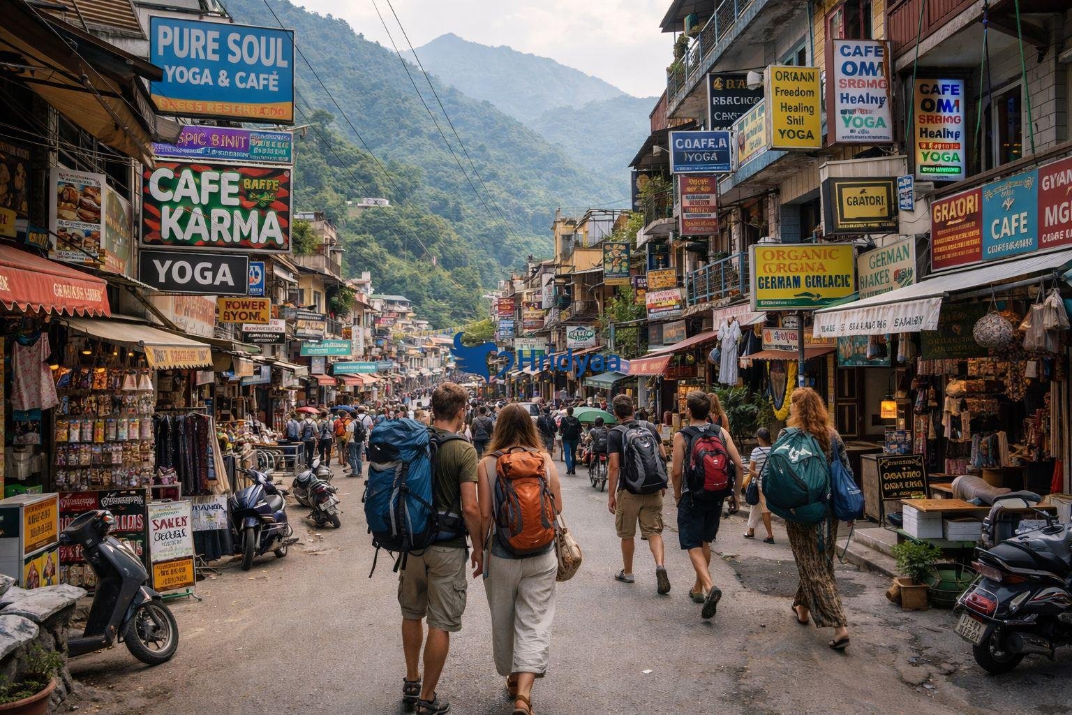 street in tapovan rishikesh with cafes, travelers and cafe signboards