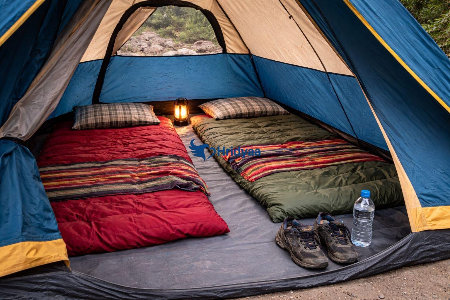 Basic alpine tent used in ultra-budget camping in Rishikesh