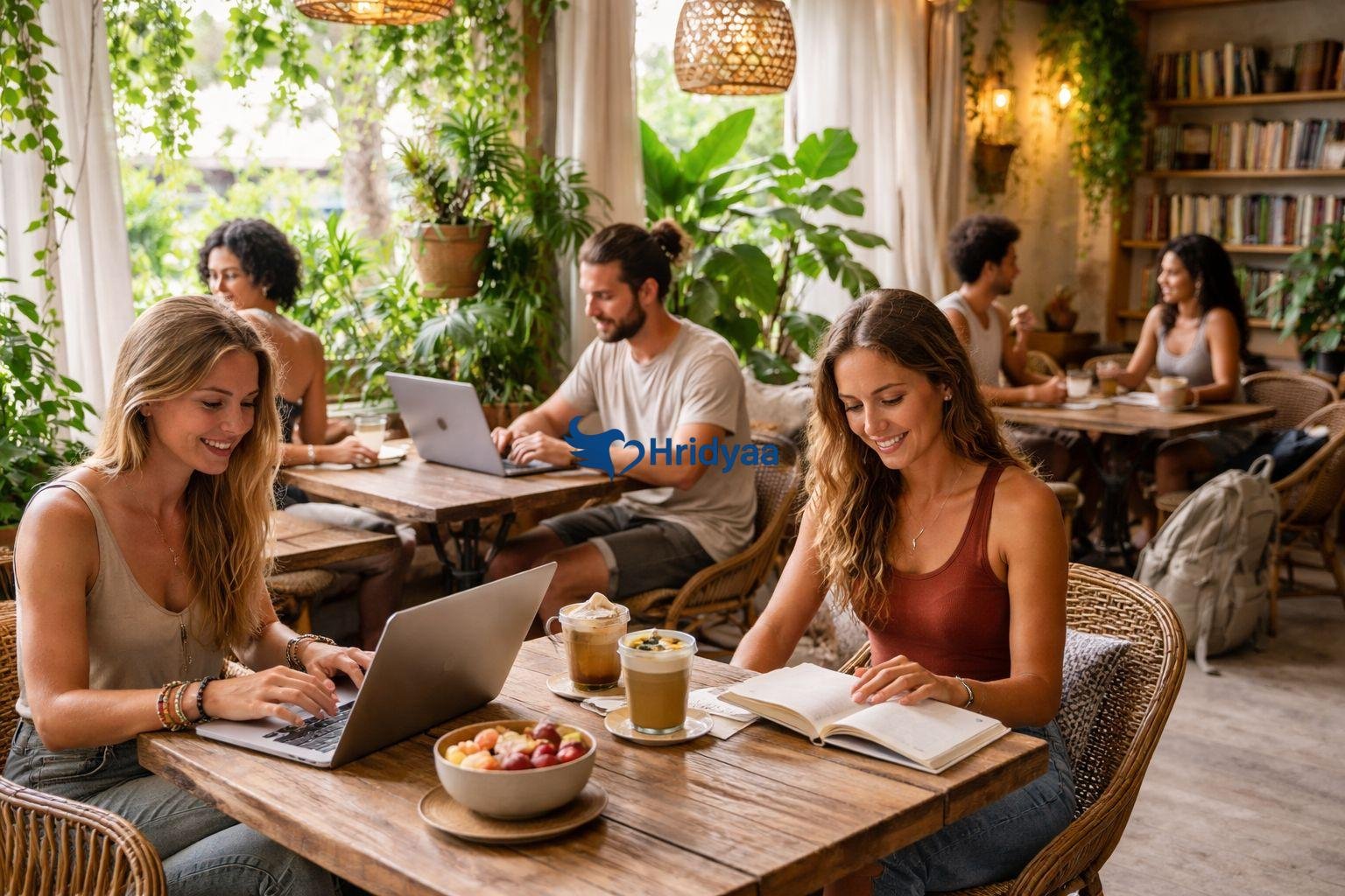 people relaxing in vegan cafe rishikesh yoga lifestyle