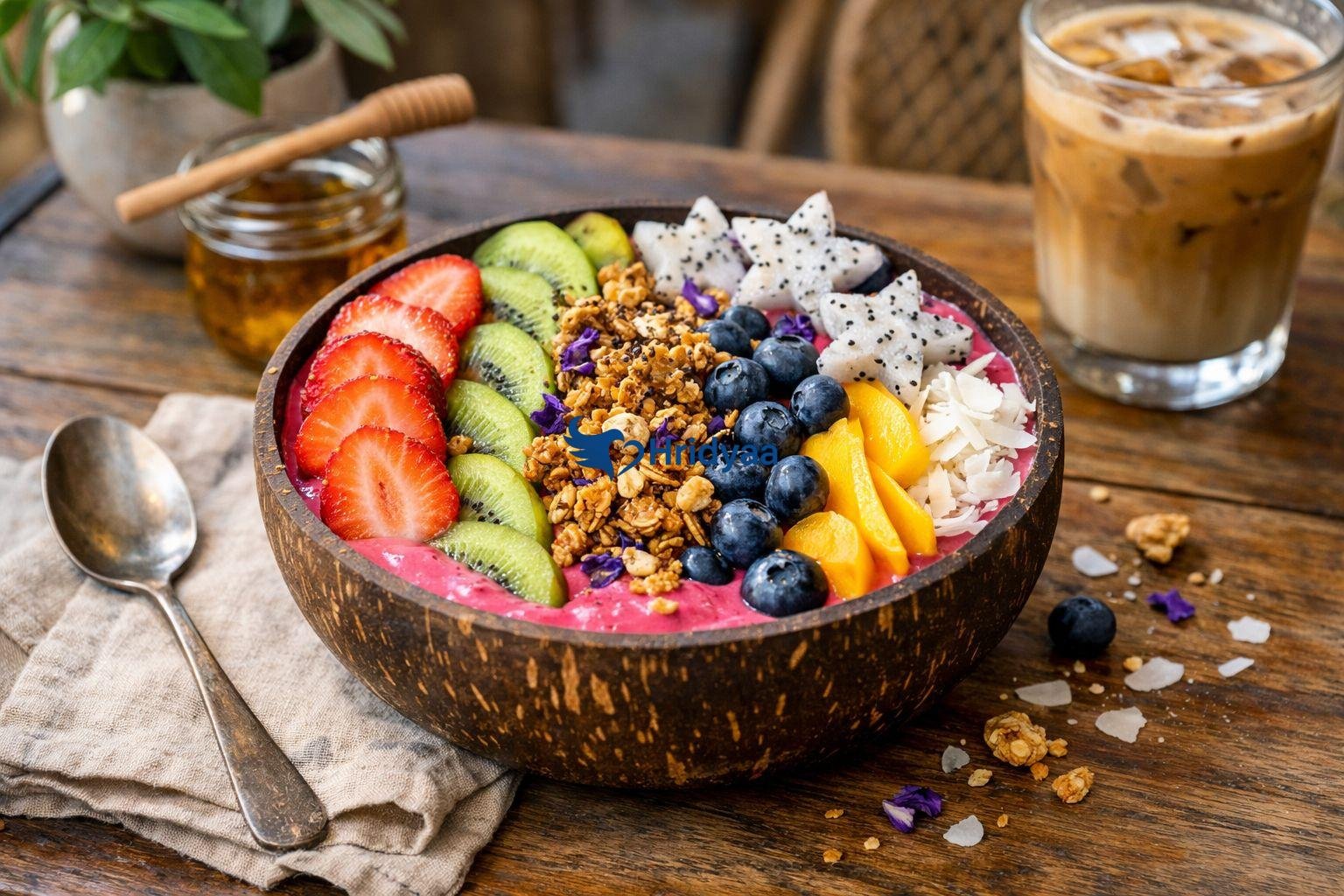 vegan smoothie bowl in rishikesh cafe with fresh fruits