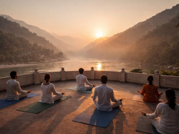 Yoga camp in Rishikesh with practitioners doing sunrise yoga overlooking the Ganga river and Himalayan foothills