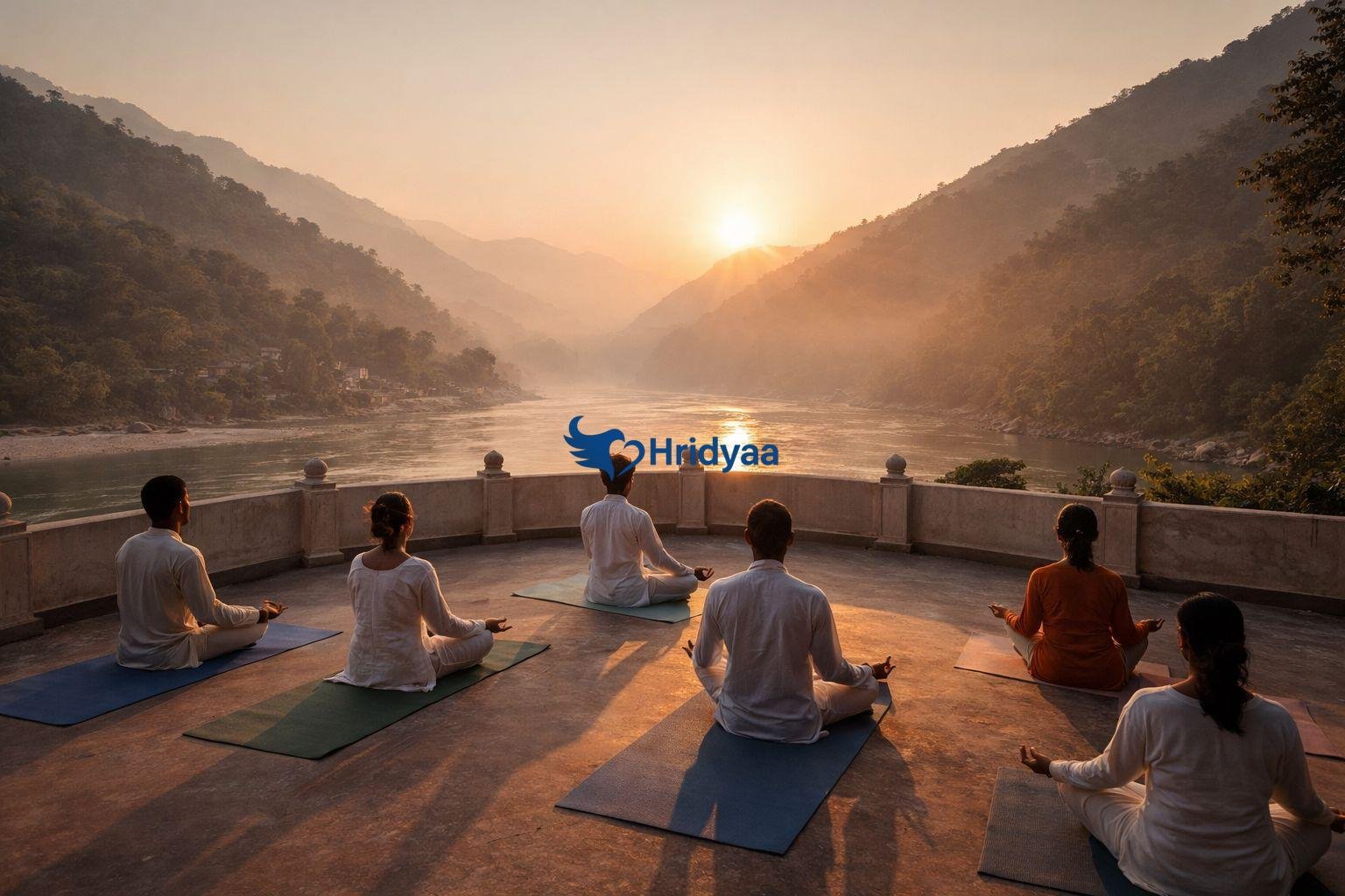 Yoga camp in Rishikesh with practitioners doing sunrise yoga overlooking the Ganga river and Himalayan foothills