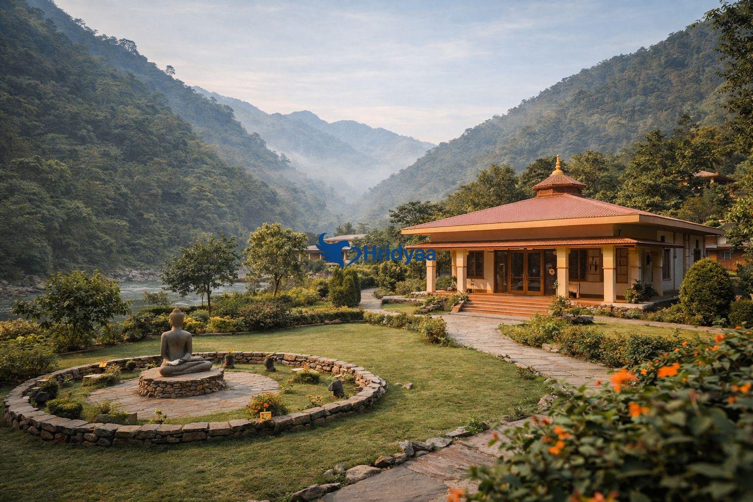 Yoga retreat center in Rishikesh surrounded by Himalayan hills