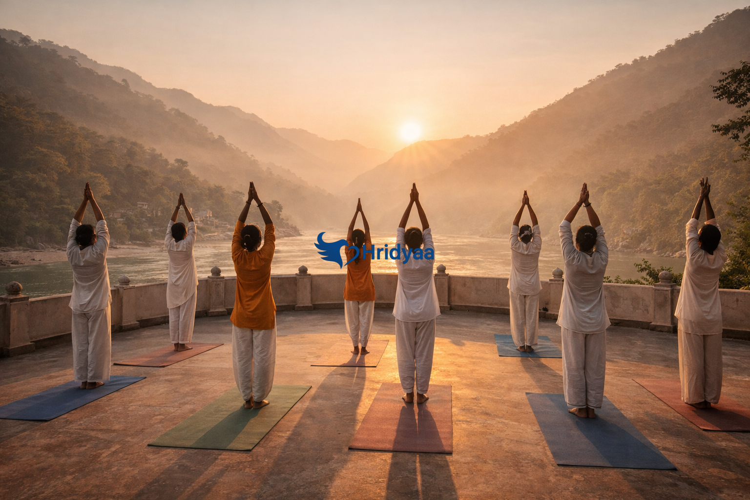 Sunrise yoga practice during a yoga retreat in Rishikesh